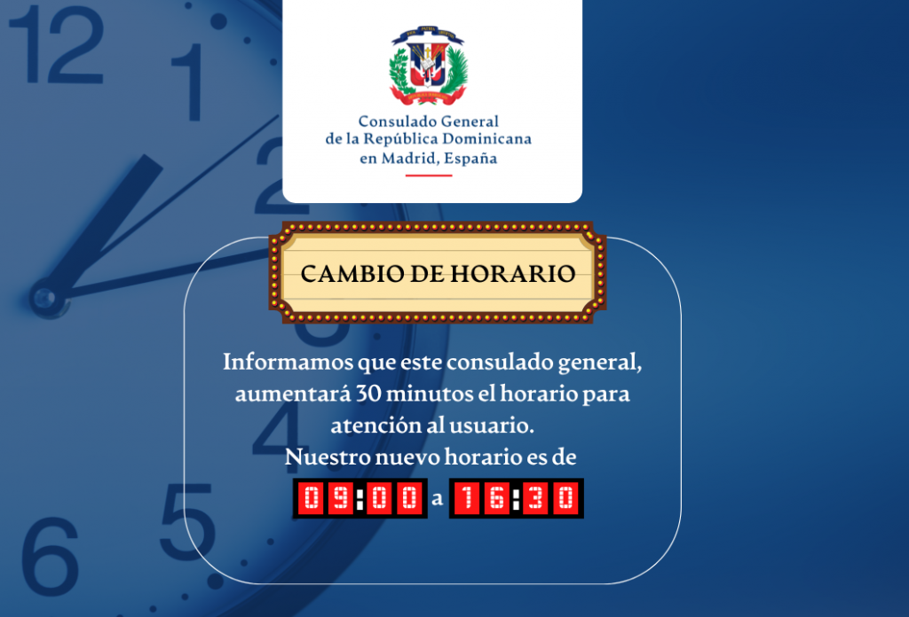 🤩 Con el objetivo de eficientizar nuestros servicios, informamos que este consulado general, aumentará 30 minutos nuestro servicio al ciudadano. ⏰ Nuestro nuevo horario es de 9:00 a 16:30 horas.